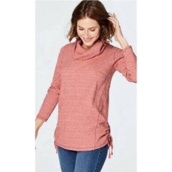 J Jill Pullover Womens Cotton Blend Heather Pink Waffle cowl neck Knit Side Ties - Picture 2 of 9